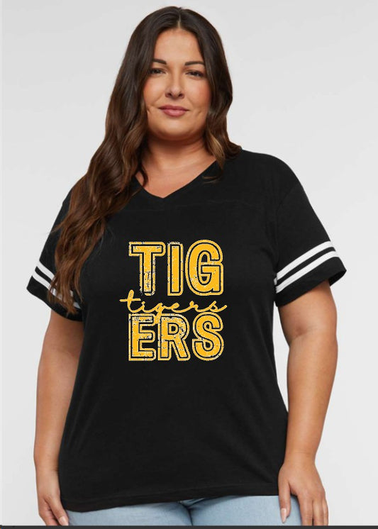 Women's Football V-Neck Fine Jersey Tee - Distressed Tiger