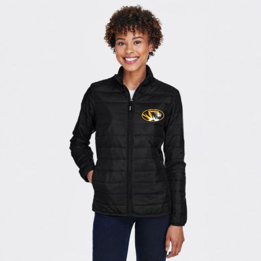 Women's Packable Puffer Jacket - embroidered tiger design