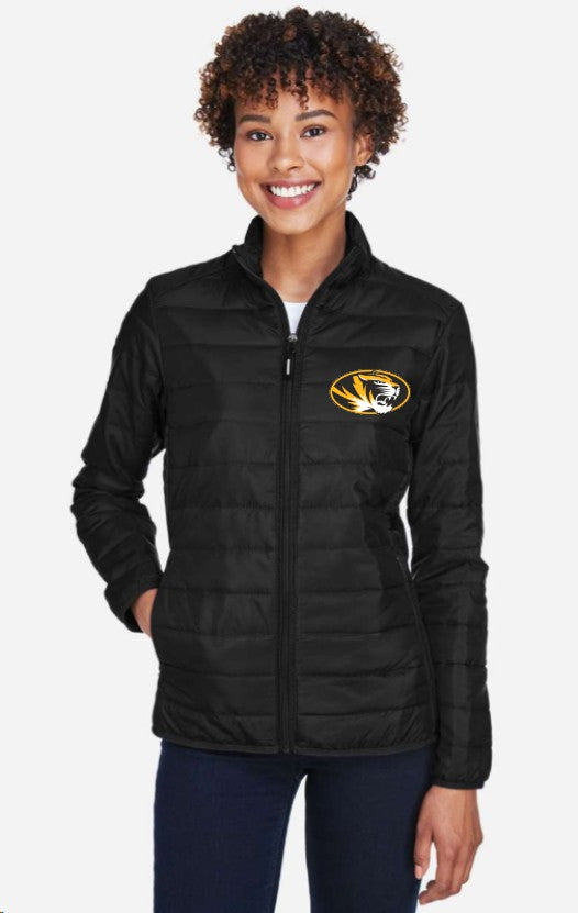 Women's Packable Puffer Jacket - embroidered tiger design